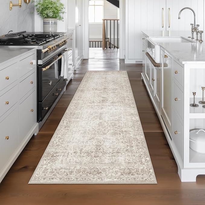 FMFUNCTEX 3x12 Runner Rug Beige Washable Vintage Neutral Distressed Non Slip Low Pile Indoor Carpet Soft Retro Floral Hallway Entryway Rug for Kitchen Living Room Bedroom Bathroom Laundry Bedside
