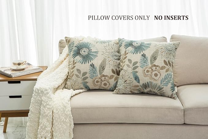 Mika Home Pack of 2 Decorative Throw Pillows Cases Cushion Cover for Sofa Couch Bed,Sunflower Pattern,20x20 Inches,Blue Cream