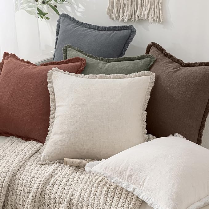MIULEE Decorative Throw Pillow Covers Neutral Linen Fringe Throw Pillows Set of 2 Grey Boho Farmhouse Cushion Covers with Tassels for Couch Sofa Bed Living Room Spring Decor 20x20 Inch