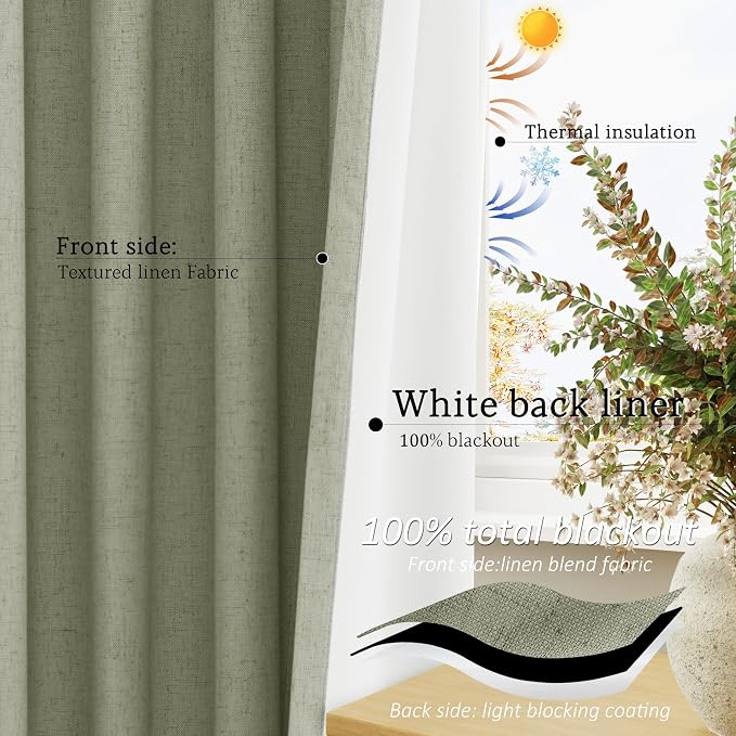 Jowels Sage Green Linen Blackout Curtains 96 Length 2 Panels Set for Living Room Bedroom, 100% Black Out Thermal Insulated Linen Drapes, Room Darkening Grommet Curtains 96 Inches Long