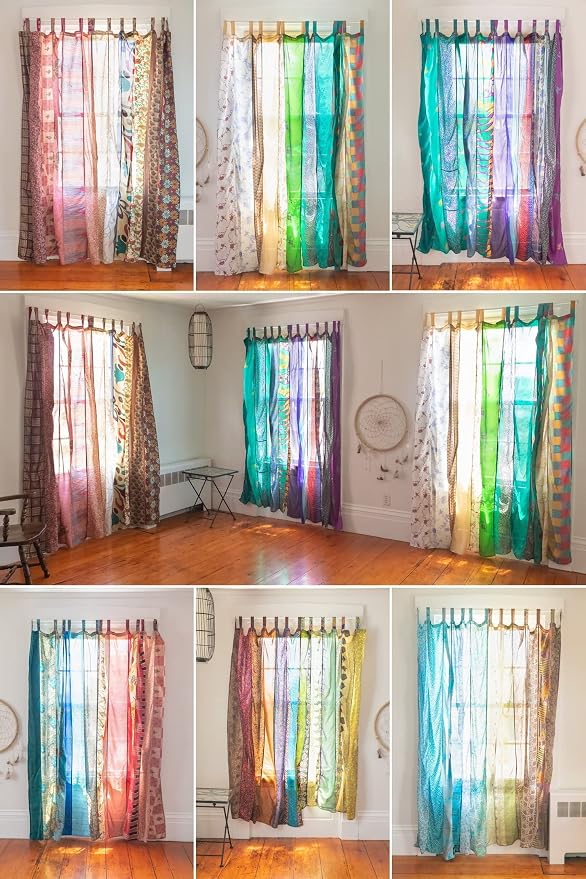 Rajbhoomi Assorted Sari Colorful Curtains Light-Filtering – Boho Curtains, Bed Canopy Panel, Tapestry or Window Treatment Multi Color (84 X 43 Inches)