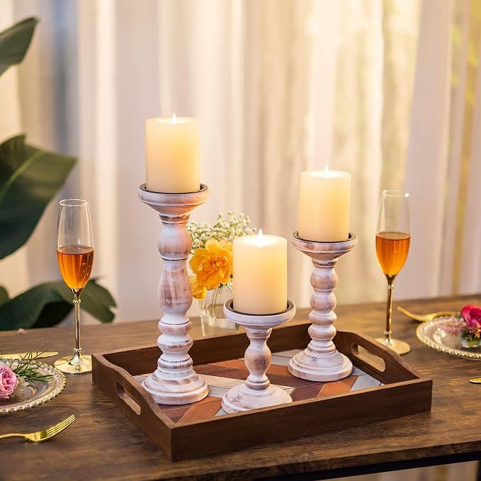 Wooden Pillar Candle Holder: Rustic White Candle Stand Wood Distressed Candleholders Farmhouse Fall Decor for Christmas Fireplace Mantle Dining Table Living Room Shelf Set of 3