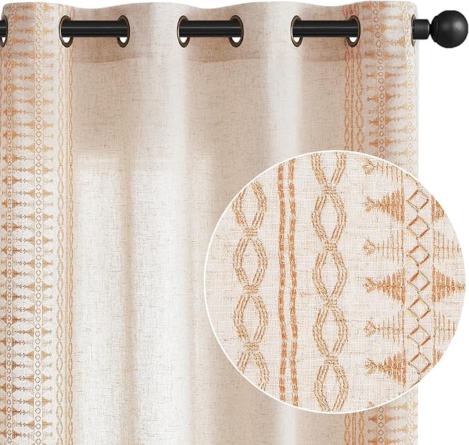 jinchan Boho Curtains Embroidered Linen Blend Window Curtains for Bedroom, Drapes 84 Inch Length 2 Panels Set, Geometry Grommet Bohemian Window Treatments Set for Living Room Gold on Beige