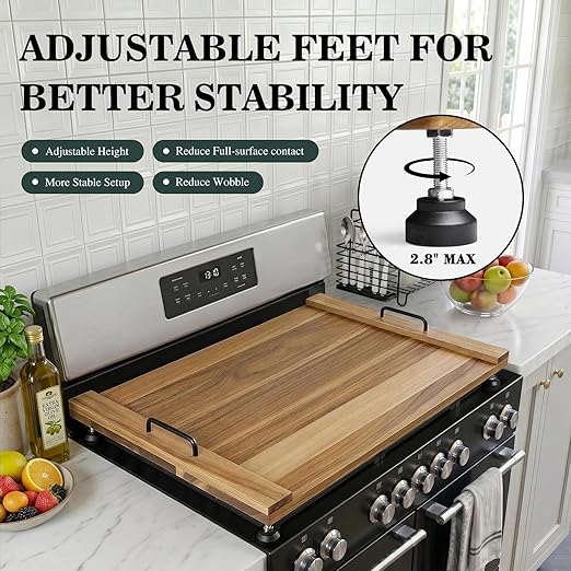 Noodle Board Stove Cover with 4 Adjustable Feet, 30" x 22" Acacia Wood Stove Top Cover for Gas Stove, Electric & Induction - Extra Counter Space, Serving Tray & Charcuterie Board for RV& Kitchen