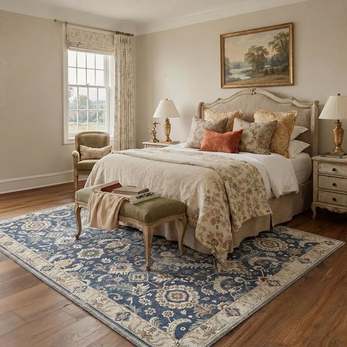 Bavni 2x5 Rug Runners for Hallways, Washable Runner Rug Non Slip, Vintage Floral Floral Rugs for Bedroom, Lightweight Low Pile Carpet for Hallways Bathroom, Muted Navy