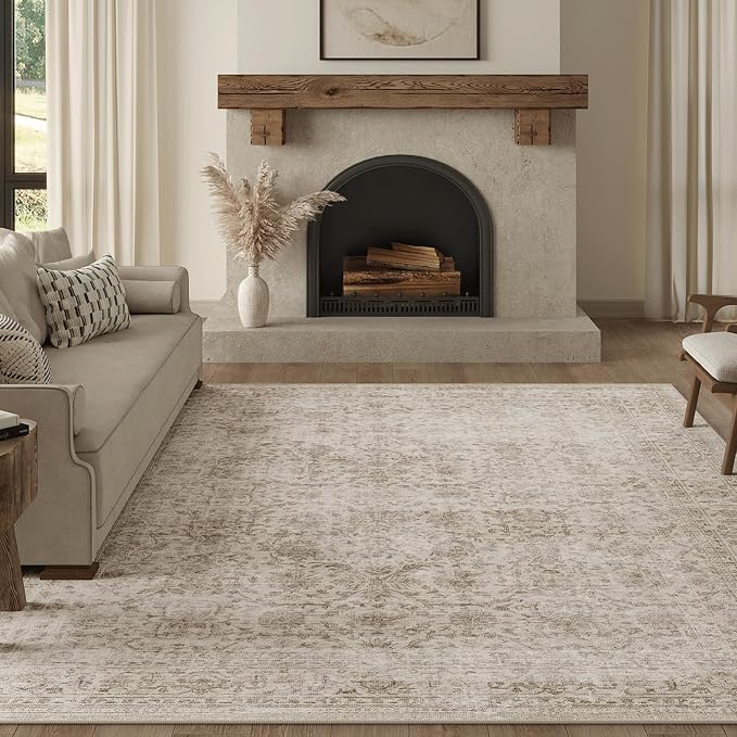 FMFUNCTEX 7x10 Washable Area Rug Beige Vintage Neutral Distressed Large Non Slip Carpet for Living Room Bedroom Soft Low Pile Indoor Mat Retro Floral Thin Rug for Dining Room Kitchen Office Nursery