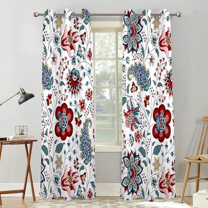 Renaiss Boho Floral Blackout Curtains, Bohemian Flower Plant Print Thermal Insulated Bedroom Window Curtains, Botanical Art Window Drapes for Living Room, 96" L x 53" W 2 Panel Set