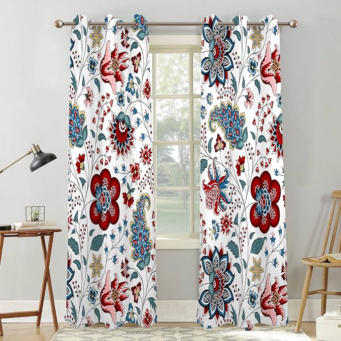 Renaiss Boho Floral Blackout Curtains, Bohemian Flower Plant Print Thermal Insulated Bedroom Window Curtains, Botanical Art Window Drapes for Living Room, 84" L x 53" W 2 Panel Set