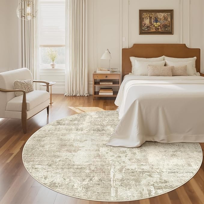 Soalmost 6x6 Beige Gray Round Rug 6ft Living Room Circle Rug Vintage Round Area Rug Non Slip Indoor Carpet for Dining Room Bedroom