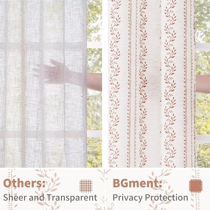 BGment Terracotta Boho Curtains Leaf Floral Print Cottage Core Botanical Curtains for Living Room Light Filtering Curtain 96 Inch Long for Farmhouse Rustic, Each 52 Inch Wide, 2 Panels Set