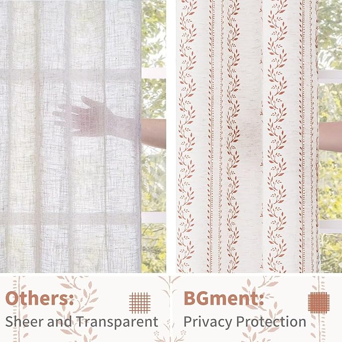 BGment Terracotta Boho Curtains Leaf Floral Print Cottage Core Botanical Curtains for Living Room Light Filtering Curtain 90 Inch Long for Farmhouse Rustic, Each 52 Inch Wide, 2 Panels Set