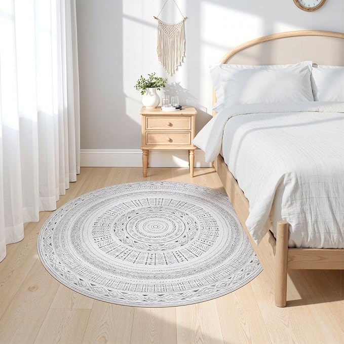 cotiled 5x5 Round Area Rugs Living Room Rug: Washable Boho Rugs with Non Slip Backing Large Soft Indoor Stain Resistant Carpet for Bedroom Farmhouse Dining Room Lightweight Home Decor Dark Grey