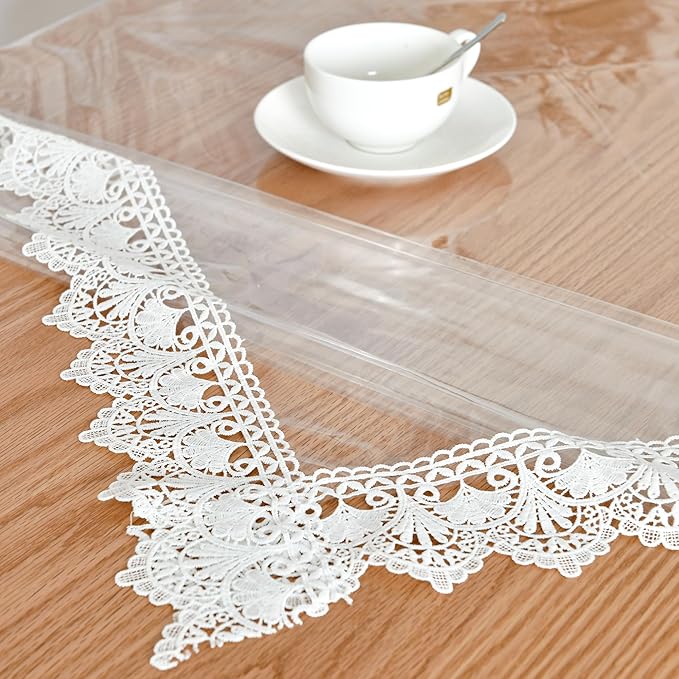 JIUZHEN Clear Vinyl Tablecloth Protector, Waterproof/Oil-Proof, Transparent Lace Trim Table Cloth for Dining, Easy Wipe Clean, Plastic Square Transparent Sheet Table Cover, 54"x54"