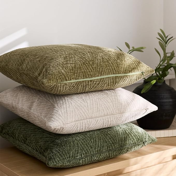 Summer Pillow Covers 24x24 Inch Set of 2, Soft Decorative Throw Pillow Covers with Leaves Texture, Hidden Zipper for Home Sofa Bed Couch (Olive Green, 24" x 24" (Pack of 2))