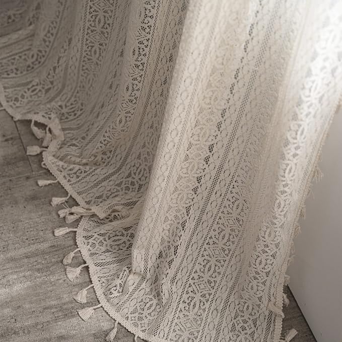 Sutuo Home Boho Curtain Crochet Lace Semi-Sheer Florals Hollow Knitted Handmade Tassels, Rod Pocket Window Treatment Vintage Rustic Farmhouse Drapes for Living Bedroom, 1 Panel 59" W x 108" L, Beige