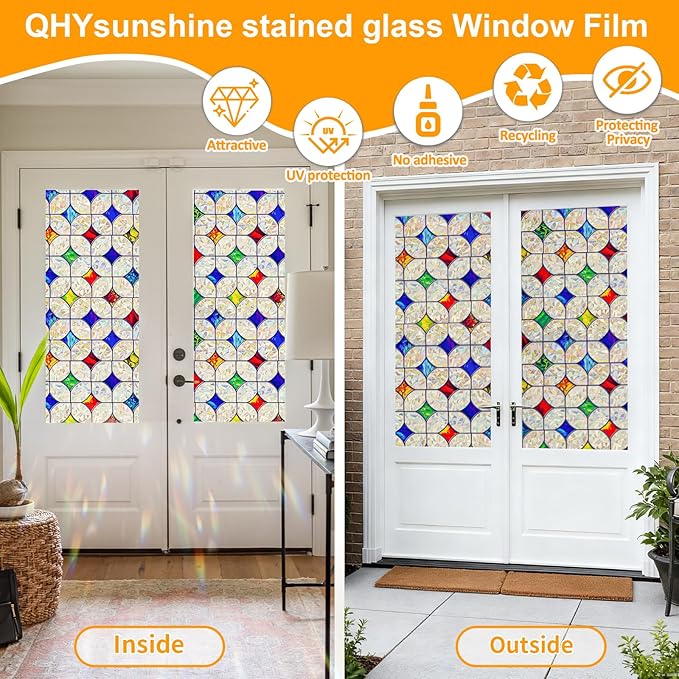 QHY Sunshine Colorful Rainbow Stained Glass Window Film Non-Adhesive Window Privacy Film Reusable Decorative for Room (Rainbow Mosaic, 17.5 X 157.4 in)