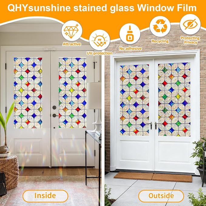 QHY Sunshine Colorful Rainbow Stained Glass Window Film Non-Adhesive Window Privacy Film Reusable Decorative for Room (Rainbow Mosaic, 35.4 X 157.4 in)
