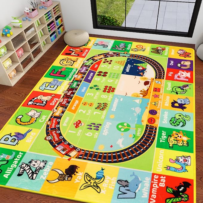 ABC Kids Rug for Playroom 78.7" × 118" Play Mat Alphabet Rug Animal Number Shape Classroom Kids Playroom Early Learning Carpet for Educational Learning & Game Area Preschool