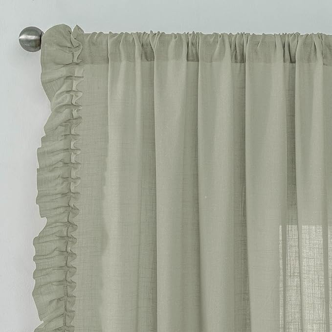 Light Sage Green Boho Curtains 96 Inches Long 2 Panels, Each W47 x L96 Inch, Spring Farmhouse Linen Ruffled Curtains for Bedroom, Rod Pocket Privacy Semi-Sheer Cottage Flowy Ruffle Curtain Drapes