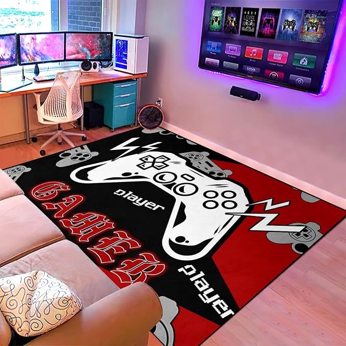 Gaming Rug, Gamer Rugs for Bedroom Boys Player Room Decor, Game Area Rugs for Room, Video Game Carpets Decor for Dining Living Room Mats Black Red, 3'x4'