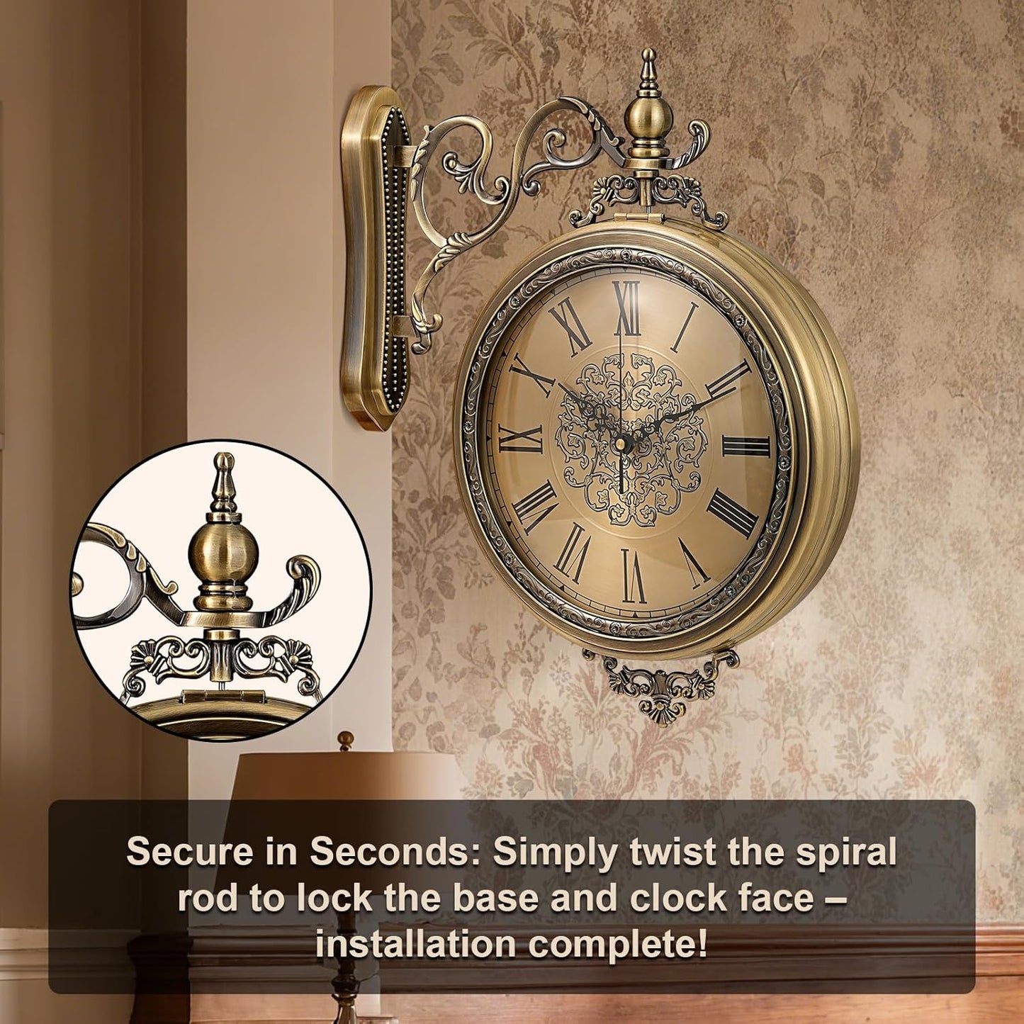 Large Vintage Double Sided Wall Clock with Glass & Metal, Roman and Arabic Numerals, Silent Non-Ticking Battery Operated Antique Clock for Living Room, Office, Hallway Decor (15x18.5 Inch)