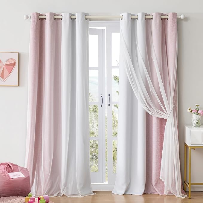 Ombre 100% Blackout Curtains 84 Inches Long 2 Panels for Girls Bedroom Living Room Pink and White Double Layer Sheer Overlay Mix & Match Grommet Thermal Soundproof Drapes with Tiebacks