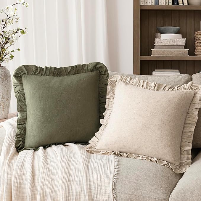 Foindtower Set of 2 Decorative Linen Fringe Ruffle Throw Pillow Covers Soft Boho Farmhouse Cushion Cover Cozy Accent Retro Pillowcase for Couch Sofa Bed Living Room Home Decor,24×24 Inch,Olive Green