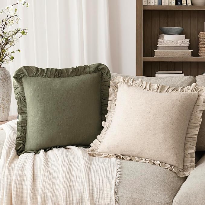 Foindtower Set of 2 Decorative Soild Fringe Ruffle Throw Pillow Covers Soft Boho Farmhouse Cushion Cover Cozy Accent Retro Pillowcase for Couch Sofa Bed Living Room Home Decor,20×20 Inch,Olive Green