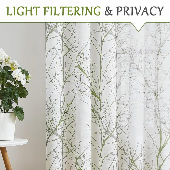 FMFUNCTEX Linen Semi Sheer Curtains for Bedroom, Sage Green White Curtains 54 Inches Long for Living Room, Grey Tree Branch Print Curtain Light Filtering Kitchen Window Drapes, Grommet Top 2 Panels