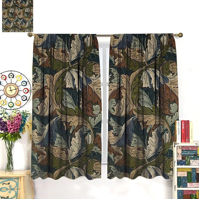 Boho William Morris Art Plant Curtains, Rustic Retro Nature Botanical Print Blackout Window Treatments Drapes, for Living Room Bedroom Kitchen 21(W)*54(L) 2 Panels