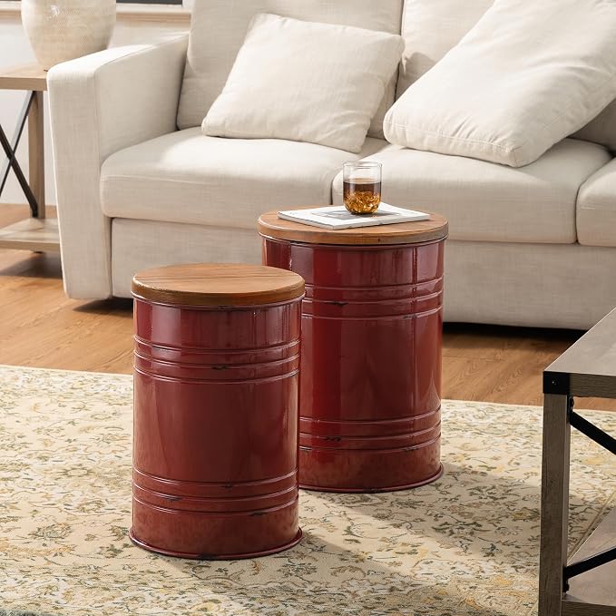Glitzhome Rustic End Table Set of 2, Farmhouse Galvanized Metal Barrel Ottoman Storage Stool with Round Wood Lid for Living Room Furniture, Red