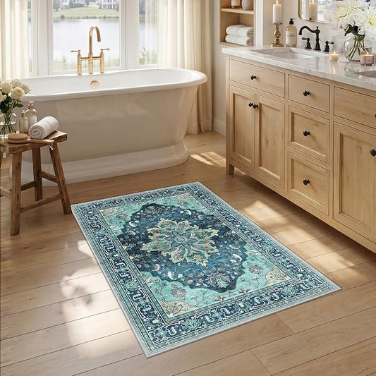 RELEANY Area Rugs Small 2'6"x4' Washable Non-Slip, Floral Vintage Distress Medallion Carpet for Kitchen Entryway Bathroom, Teal Green Lake Blue Turquoise