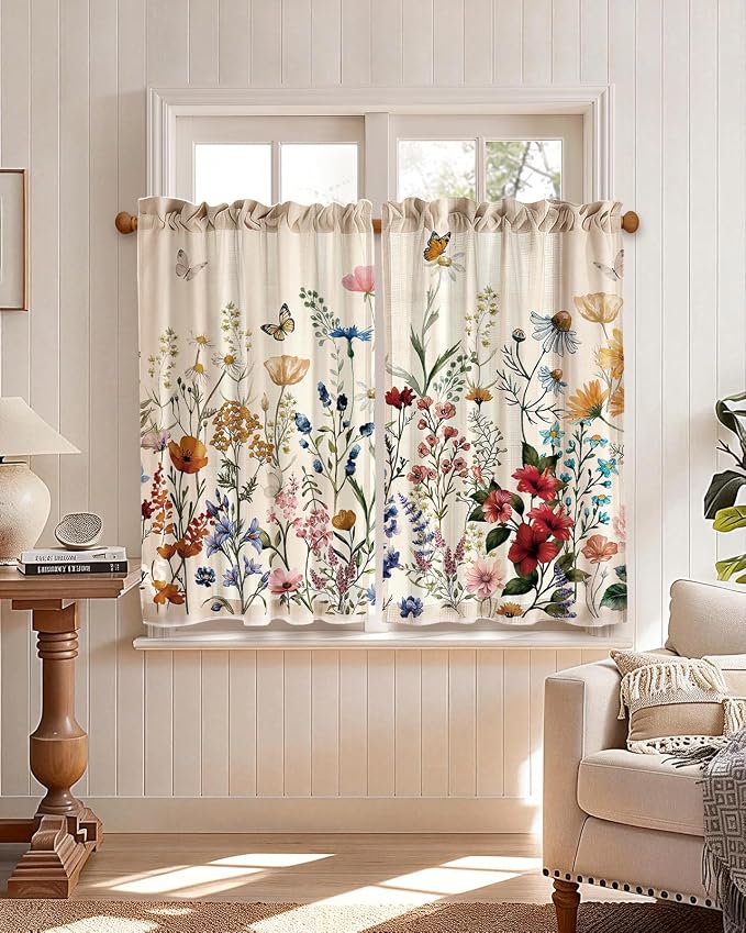 Miss Adola Floral Kitchen Tier Curtains - 36 Inch Length Linen Blend Farmhouse Cafe Curtains Vintage Small Window Treatments Over Sink Rod Pocket for Bathroom Living Room Light Filtering, 2 Panels