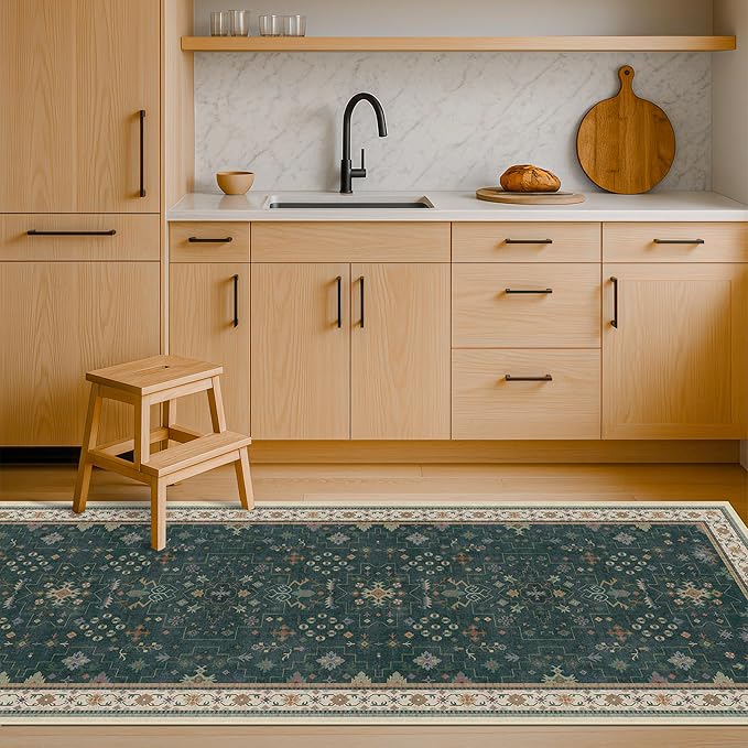 Hazo Haus Dark Green 2x6 Kitchen Rug - Modern Vintage Boho Eclectic Floral with Brown Accent, Washable Low Pile Non-Slip Runner Rugs for Bathroom, Door Mat Indoor Entrance, Hallway, Bedroom, Laundry