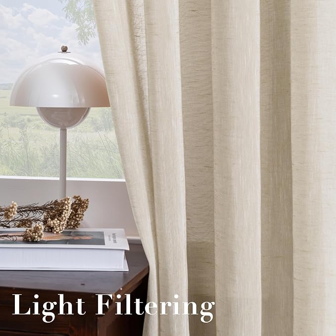 H.VERSAILTEX Linen Curtains Flax Linen Blended Curtain Panels for Living Room/Bedroom Semi Sheer Privacy Curtains 102 inch Length 2 Panels Set Nickel Grommet Window Drapes, Linen