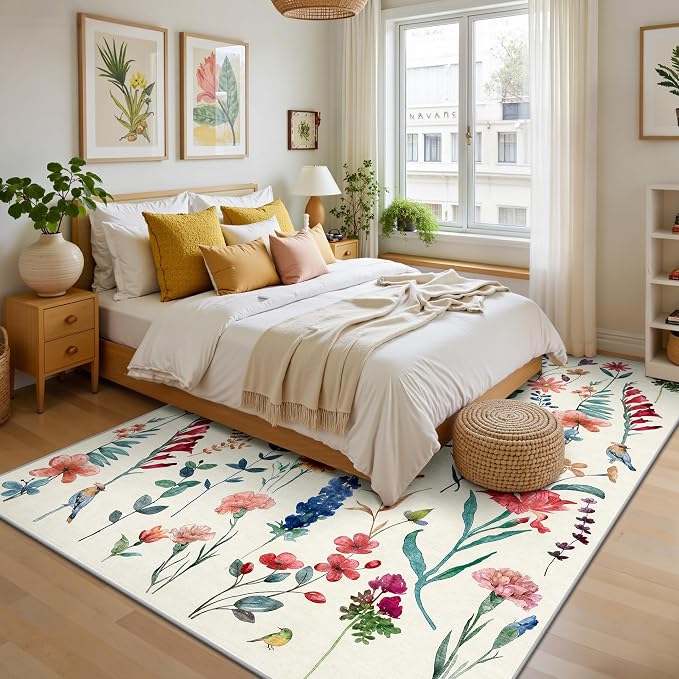 5x7 Area Rugs, Floral Washable Rugs for Living Room, Dining Room, Non-Slip Non Shedding Low Pile Home Decor Durable Bedroom Rug(Beige Floral)
