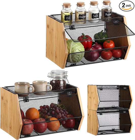 2 Pcs Stackable Mesh Fruit Basket with Lid, Wall Mounted Fruit Basket Snack Onion Potato Storage Container for Vegetable Produce Kitchen Counter Bathroom(Black)