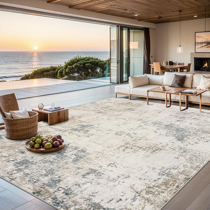 Area Rugs 10x14 Living Room - Washable Rug Modern Abstract Soft Large Neutral Non-Slip Carpet Indoor Floor Thin Carpets for Bedroom Dining Room Farmhouse Nursery Home Office Multi