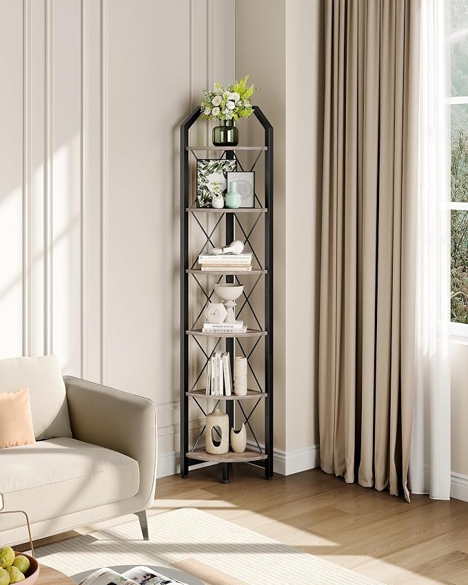 CHOEZON 6-Tier Corner Shelf, Industrial Corner Bookshelf, 71.2" Corner Storage Stand, Plant Stand Display Shelf, Corner Bookcase for Bedroom, Living Room, Home Office, Greige and Black TCJ11BG