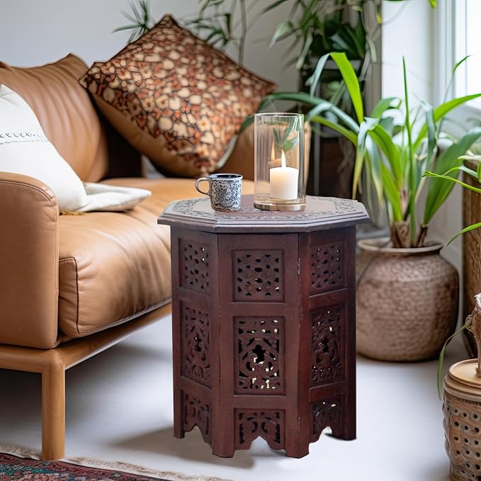 COTTON CRAFT Solid Wood Accent End Table - Hand Carved Vintage Boho Folding Side Table - Small Spaces Entryway Farmhouse Living Room Bedside - No Tools Assembly - 18x18 Octagon - Brown