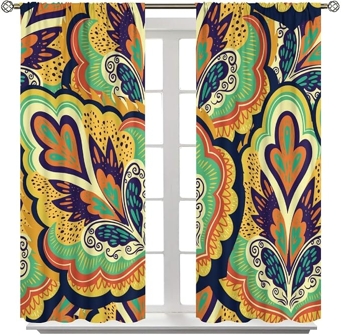 Modern, Minimalist Blackout Curtains; Vintage Bohemian Paisley and Floral Patterns; for Bedrooms, Living Rooms, and Kitchens72X63 Inch