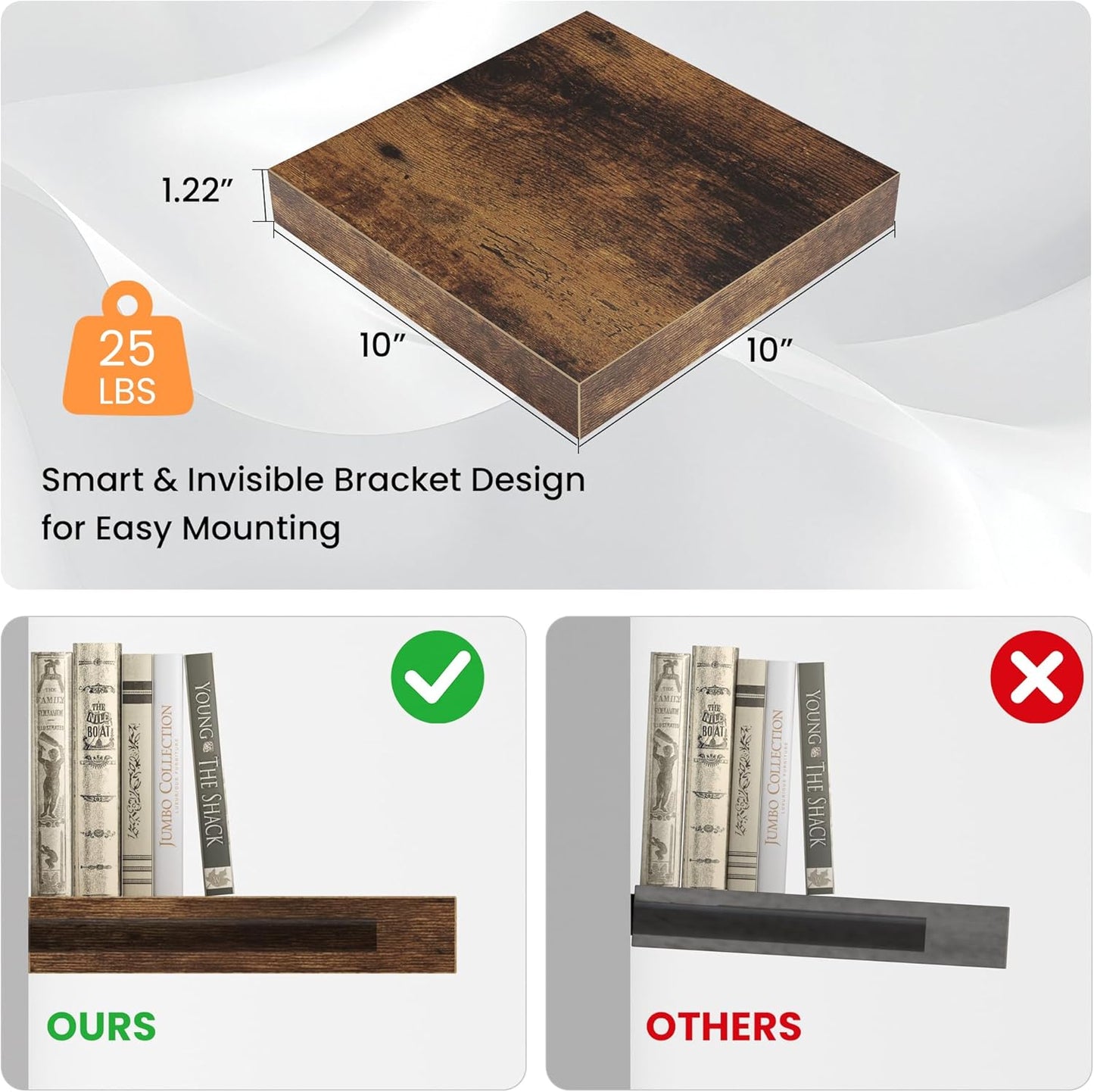 Square Floating Shelves for Wall, 10"W x 10"D x 1.2"H, Small Wooden Wall Mounted Display Shelf with Invisible Brackets for Living Room, Bedroom, Bathroom, Kitchen Decor, Set of 4, Rustic Brown