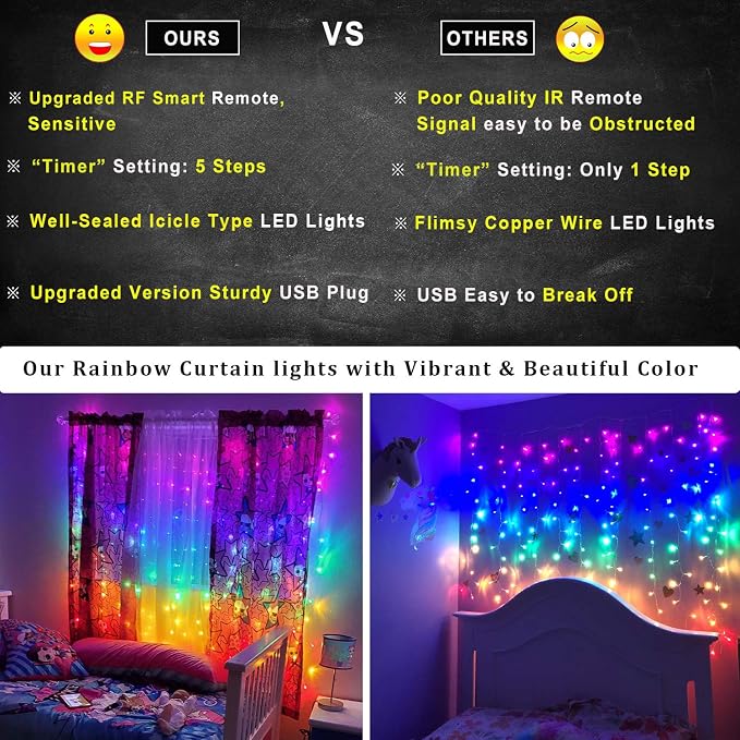 Rainbow Fairy String Curtain Lights with Remote, Twinkle LED Ombre Light Curtain for Girls Room, Kid's Bedroom, Teen Room, Unicorn Theme, Party, Independence Day Décor Gift (Rainbow)