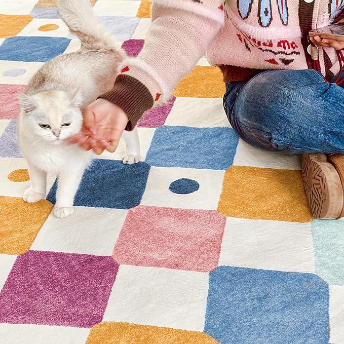 jinchan Macy 6x9 Kids Area Rug for Classroom Modern Colorful Nursery Rug Checkered Diamond Play Mat Washable Soft Non Slip Carpet for Playroom Living Room Bedroom Daycare Berries on Cream