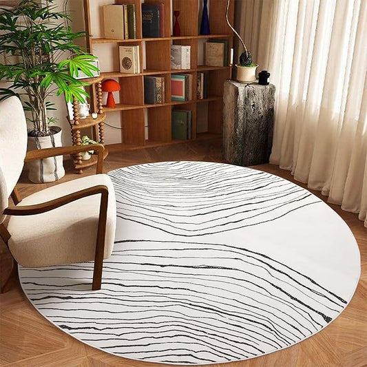 GLN Rugs Contemporary Collection - Machine Washable Area Rug, Contemporary Washable, Non Slip, Low Pile Chenille Rug, Living Room, Bedroom, Kitchen Rug (5'3" Round Beige Black)