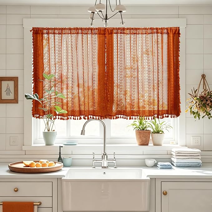 Sutuo Home Boho Kitchen Window Curtains for Closet Dishwasher,Sheer Lace Curtains Valance French Country Privacy Vintage Tassels Orange Rustic Rod Pocket Halloween Decor, 50" x 36",2 Panels Terracotta