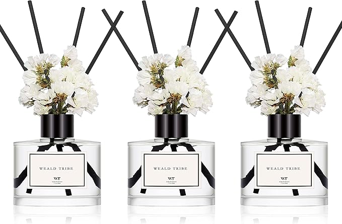 WEALD TRIBE Real Flower Reed Diffuser Set of 3 for Bathroom Shelf Decor, Cashmere & Vanilla, Lemongrass, Eucalyptus & Mint Scent Sticks Defusers with Essential Oils | Home Fragrance(1.7 fl oz/Pack)