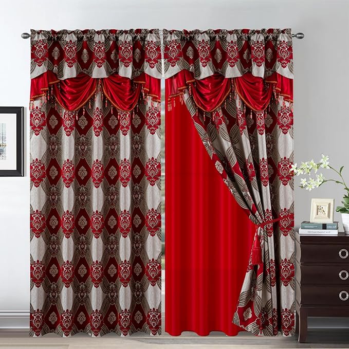 Petrichor Elegant Curtains with Gold Silver Threads 2 Panels Set - Luxury Window Treatment Attached Valance, Sheer Backing, and 2 Tie Backs for Bedroom and Living Room, 54x84 inches, Red