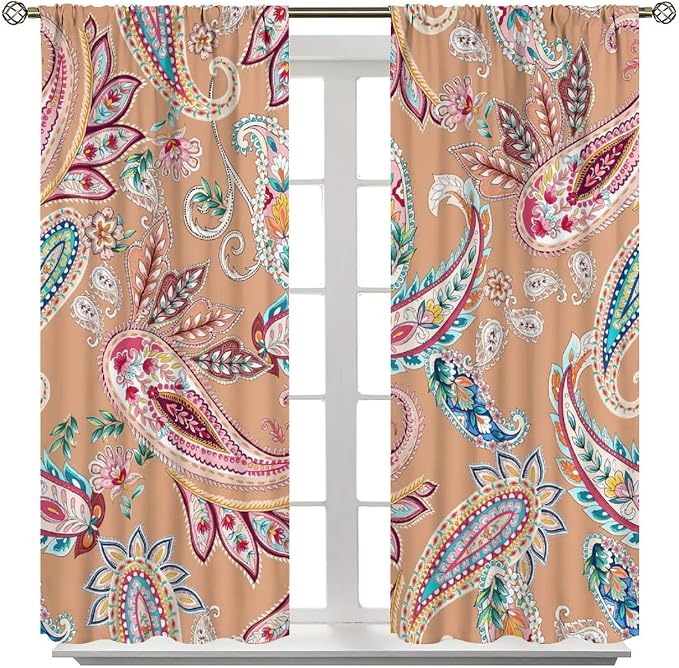 Paisley Print Curtains, Featuring Abstract Floral and Botanical Motifs in A Bohemian Style, Suitable for Bedrooms, Living Rooms and Offices As Blackout Curtains.63X72 Inch
