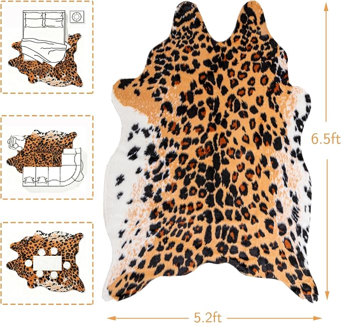 Huichenxing2021FURSTORE Leopard Print Rug, Cheetah Rug 5.3ft x 6.7ft Large Faux Cowhide Skin Mat Animal Print Area Rugs for Living Room Bedroom Nursery Home Office Brown
